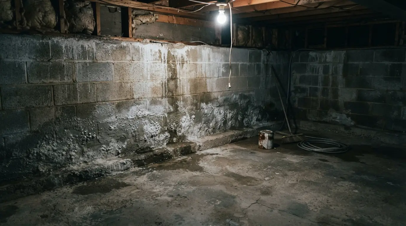 Basement concrete floor and cinder block wall showing moisture staining and whitening