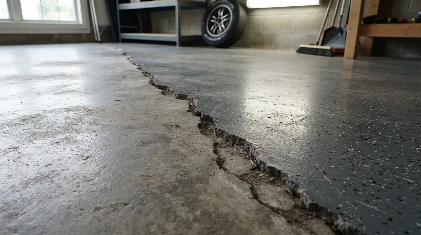 Structural crack running across a garage concrete floor with epoxy coating on either side