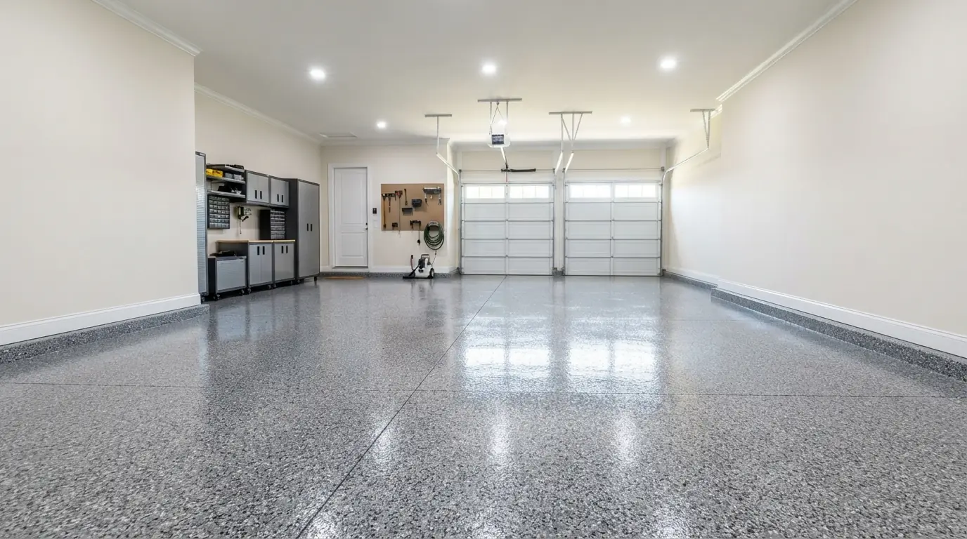 Freshly resurfaced garage floor with glossy gray and charcoal decorative flake epoxy coating