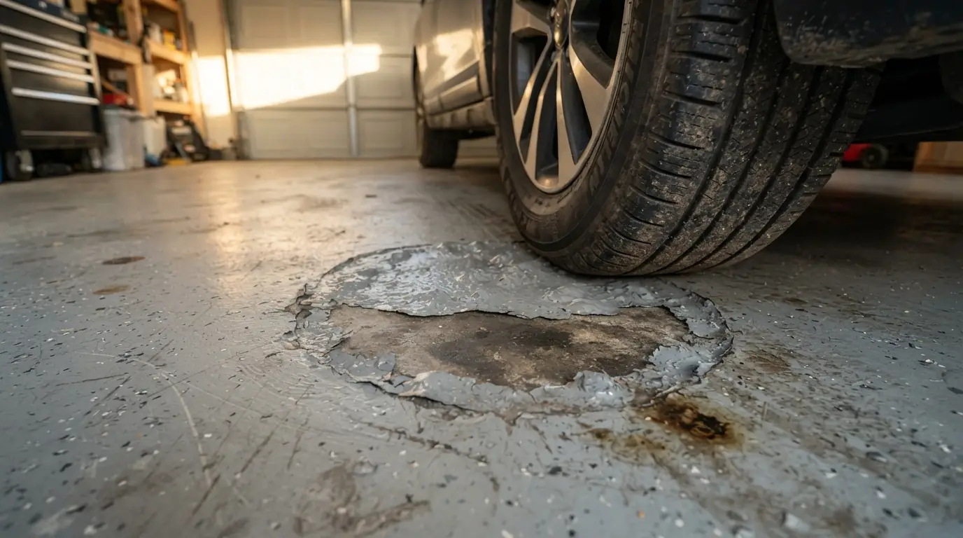 Epoxy coating bubbled and lifted beneath a parked car tire on a garage floor