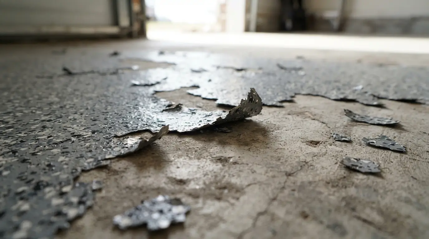 Close-up of peeling and flaking epoxy coating lifting away from a garage concrete floor